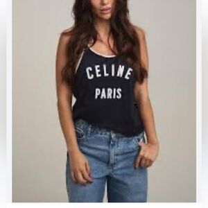 CELINE Blue Colorblock Logo Print Tank - size small
